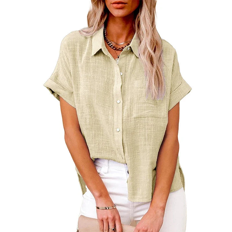 Shirt Linen Short Sleeve Casual Loose Fit Blouse Fresh Sweet Style Polyester Fabric