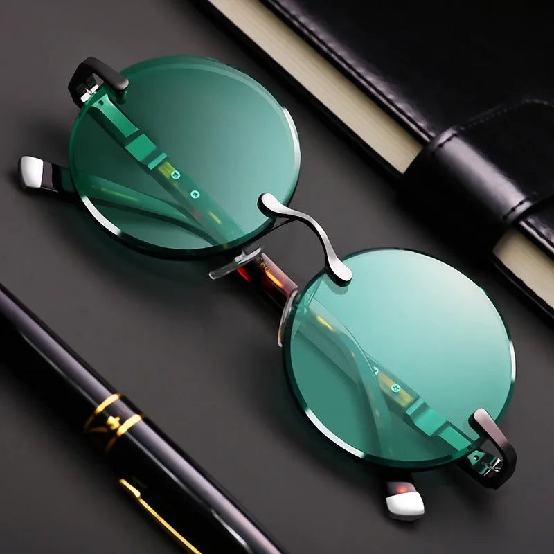 Fashion Timeless Rimless Sunglasses Women Men Dark Green Lens Retro Round Eyeglasses Outdoor Driving