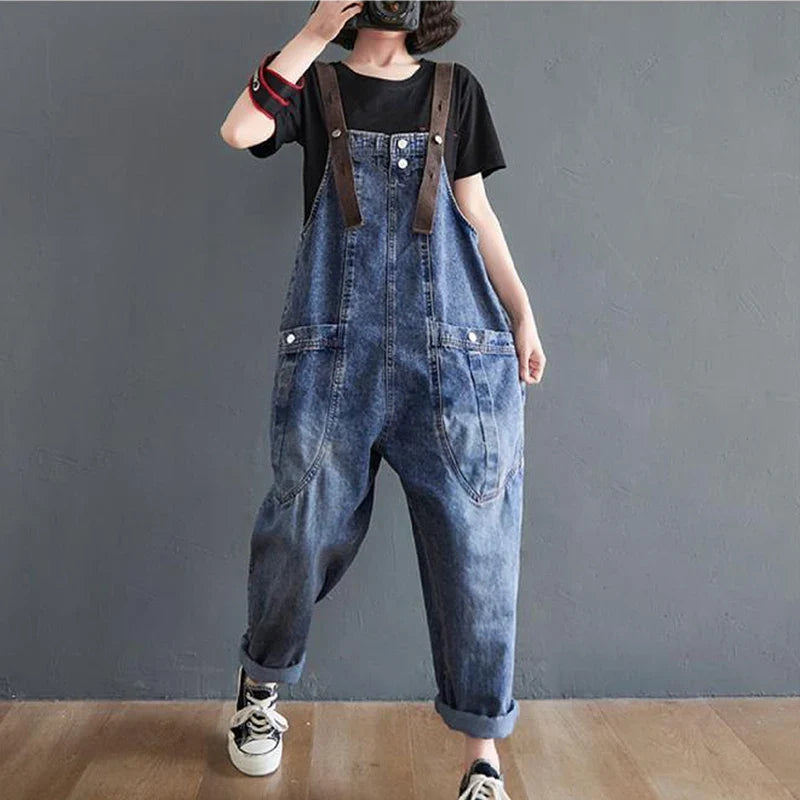 Big Vintage Pocket Suspender Jeans Trousers - Women's Casual Denim Harem Pants