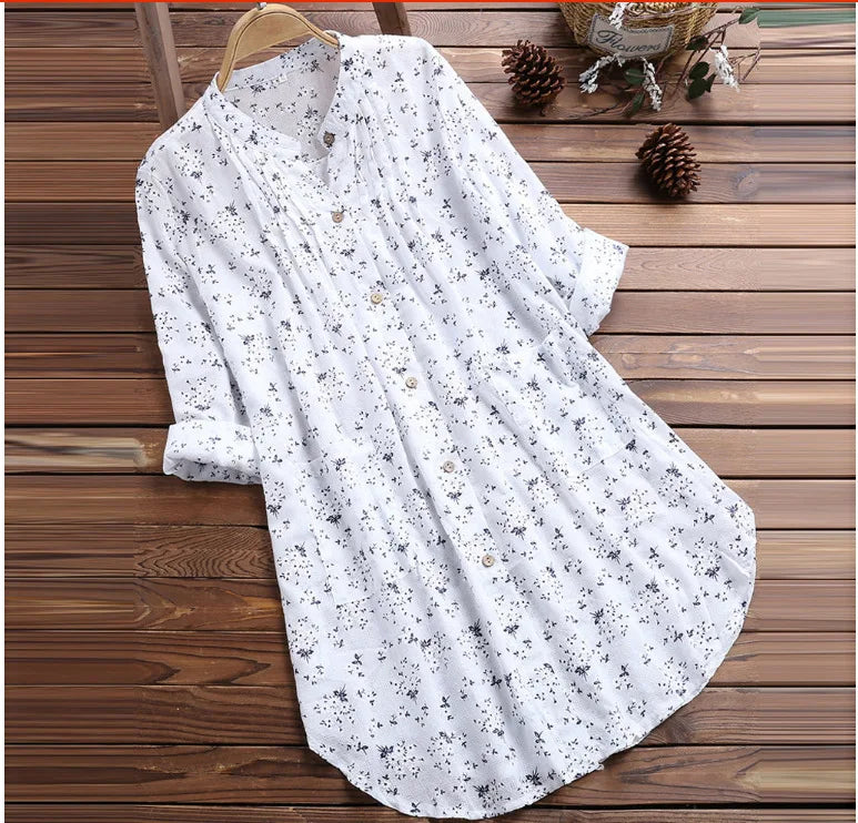 Long Elegant Cotton Linen Shirt - Floral Print Blouse for Women, Full Sleeve Spring Autumn Fashion