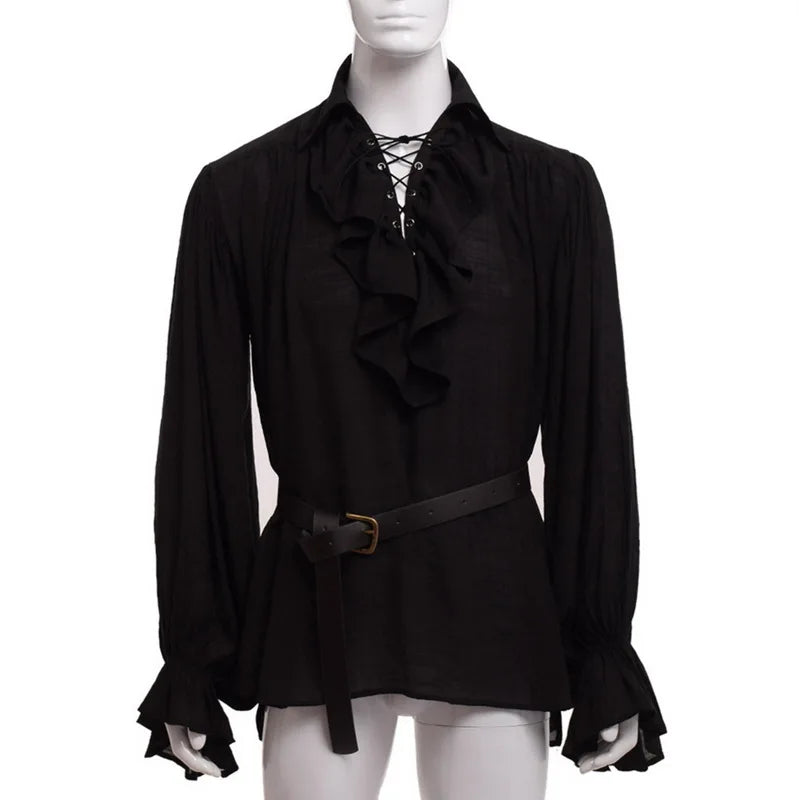 Variant image for Vintage Medieval Renaissance Shirt for Men, Ruffled Long Sleeve Lacing Up Costume Top in Soft Fabric-10