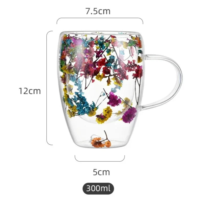 Wall Double Glass Cup with Handle Dried Flower Decorated Ins Style Mug 300ML