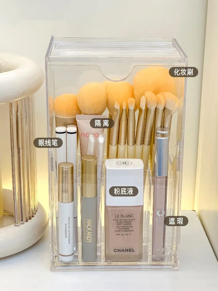Brush Makeup Holder With Lid Acrylic Organizer Box Large Capacity Divider Storage Dust Free Fall 2025 Gift