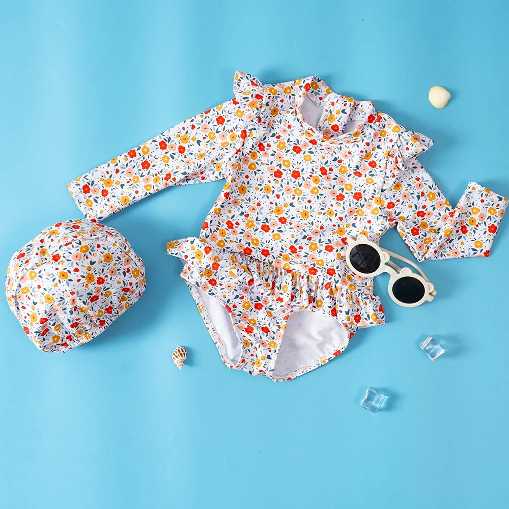 Plush Girls' One-Piece Swimsuit - Long Sleeve, Lace Design, Polyester, Sun Protection Beachwear