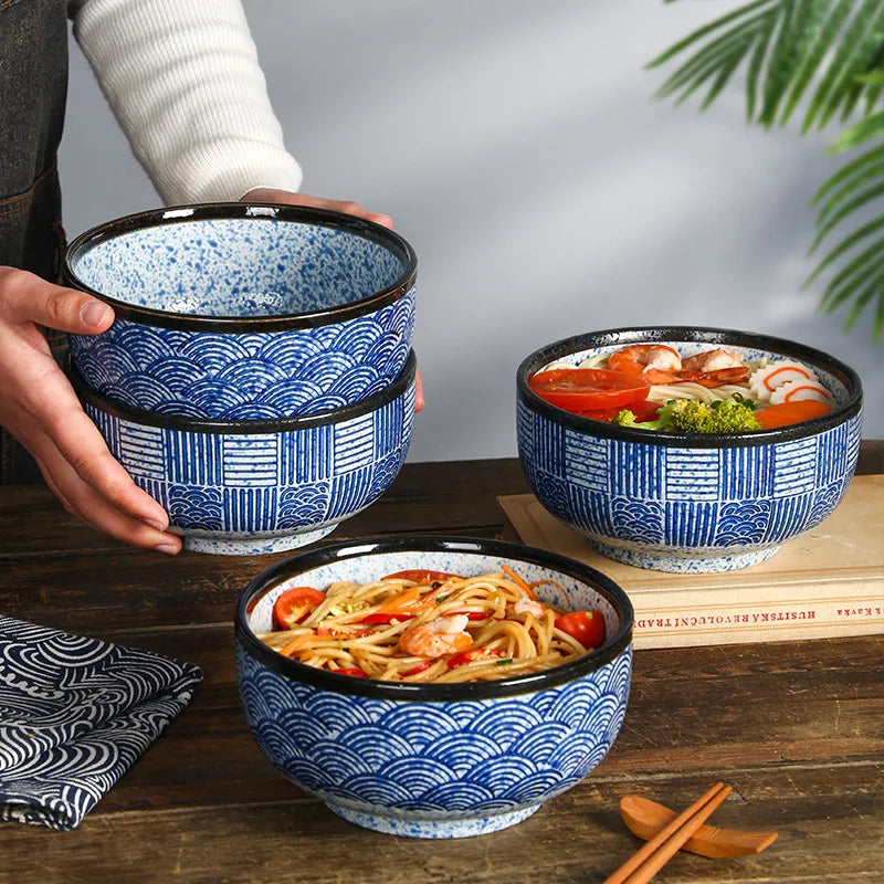 Wave Qinghai Noodle Bowl Hand Painted Vintage Ceramic Bowl