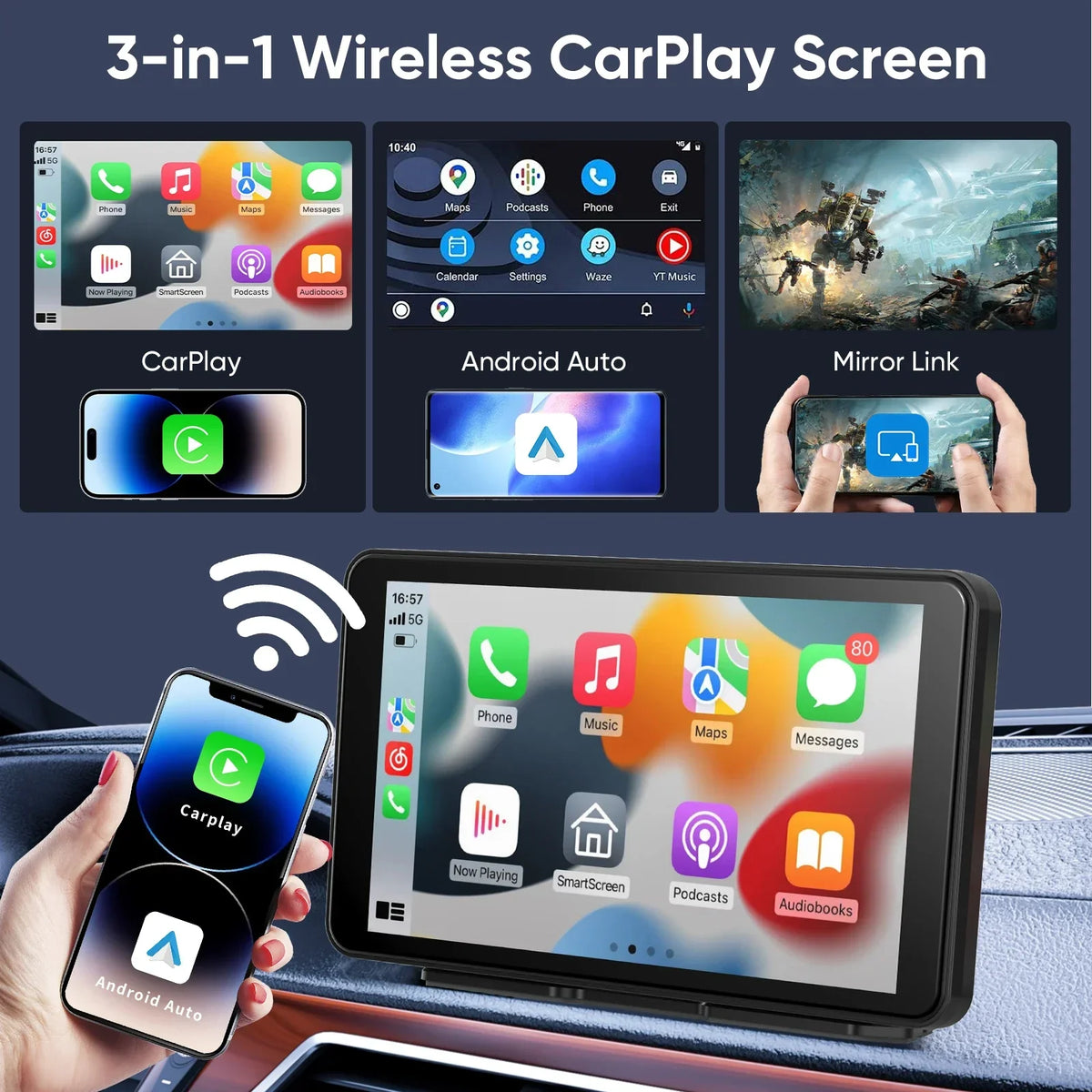 CarPlay2025 Edition Screen Universal Cordless CarPlay And Android Auto Car Stereo Head Unit With Mirror Cast WiFi Fall