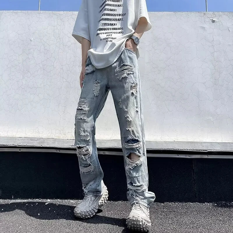 Relaxed Oversized Mens Jeans - Ripped Straight Leg Denim