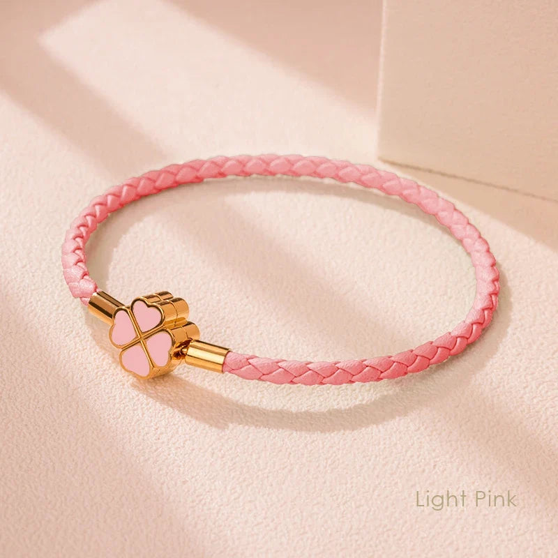 Leaf Four Clover Braided Leather Lucky Bracelet Gift