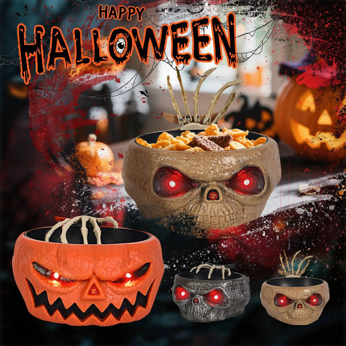 Candy Halloween Bowl Motion Sensor Prank With LED Eyes And Skeleton Hand, Halloween 2025 Party Centerpiece