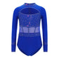 Girls' Stretchy Leotard - flattering, rhinestone-detailed, long-sleeve, mesh-panel, polyester elastane, for gymnastics