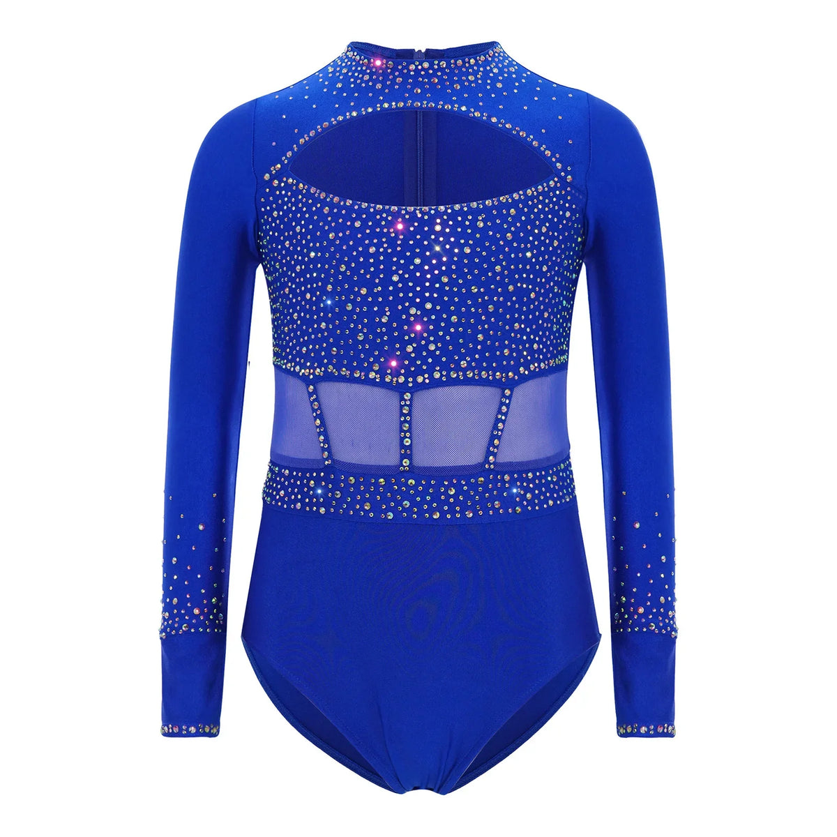 Girls' Stretchy Leotard - flattering, rhinestone-detailed, long-sleeve, mesh-panel, polyester elastane, for gymnastics
