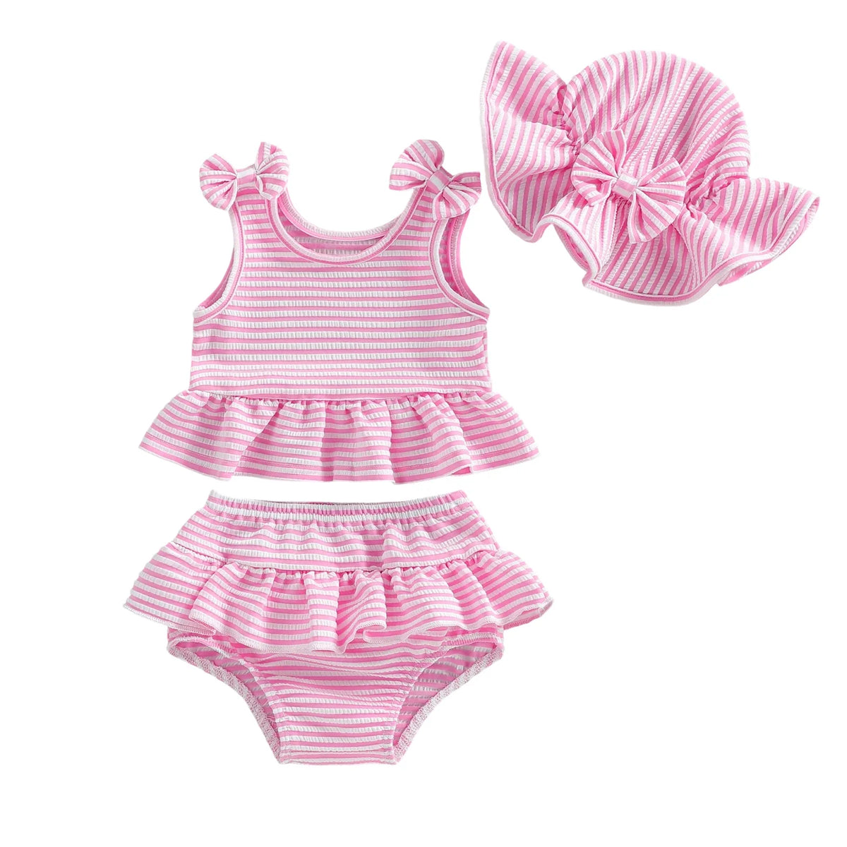 Plush Toddler Girls' Bikini Kit - Striped Tank Top With Ruffle, Matching Bottom, Hat, Polyester-Elastane, Summer Swimwear