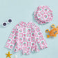 Plush Girls' Rash Guard Swimsuit Kit - Zip-Up, Floral Print, Polyester, With Hat, For Summer Beach And Pool