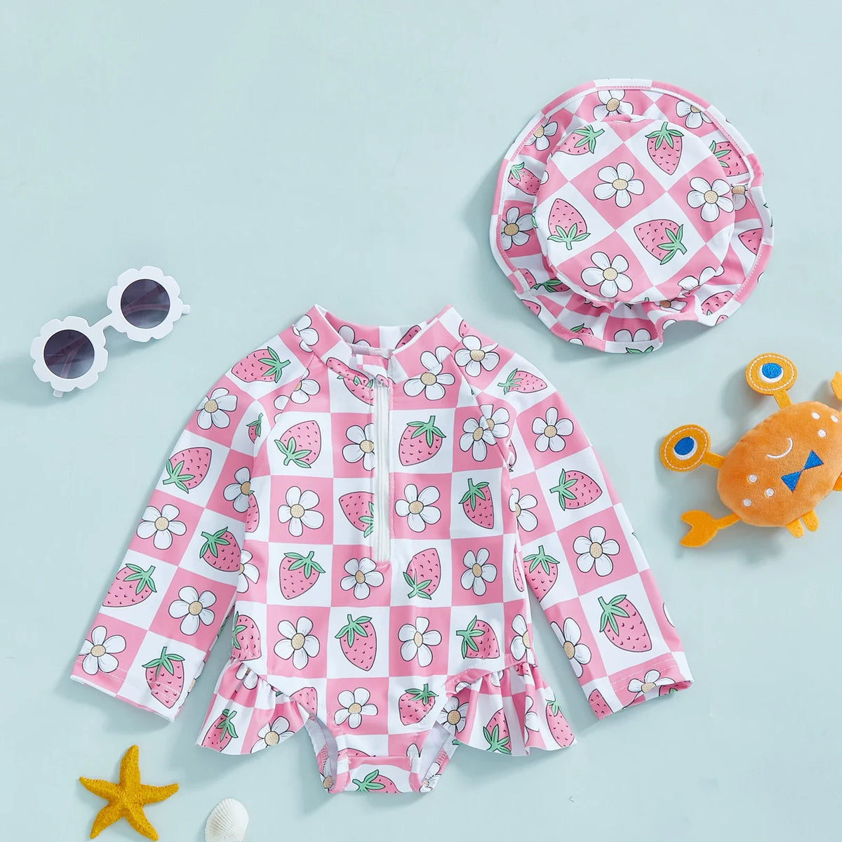 Plush Girls' Rash Guard Swimsuit Kit - Zip-Up, Floral Print, Polyester, With Hat, For Summer Beach And Pool
