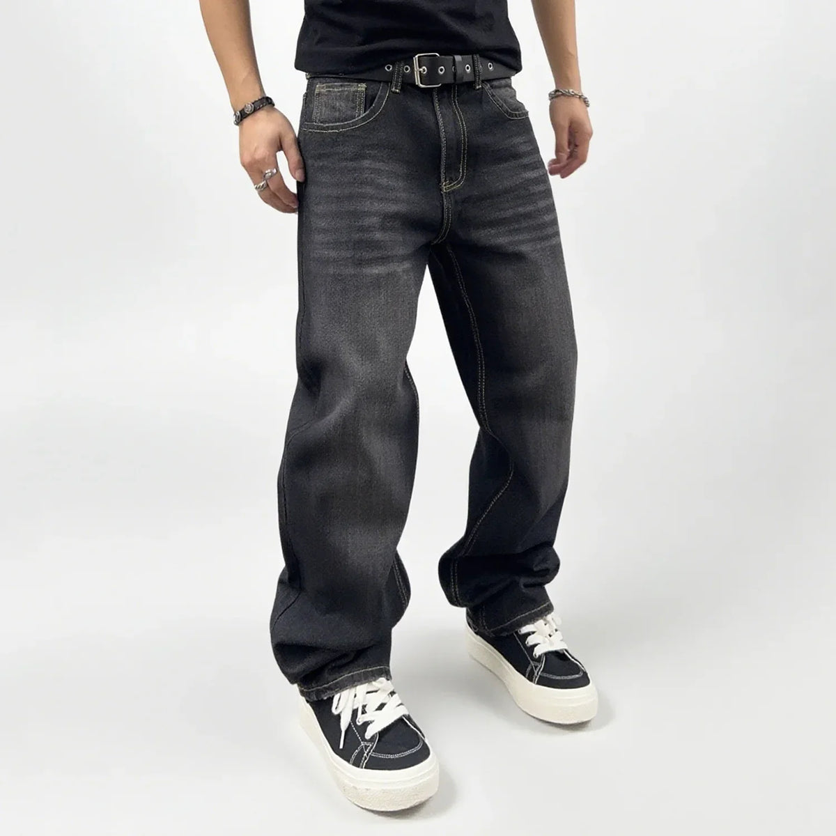 Men's Oversized Jeans - Straight Cut, Washed Denim, Autumn