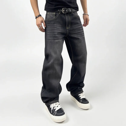 Men's Oversized Jeans - Straight Cut, Washed Denim, Autumn