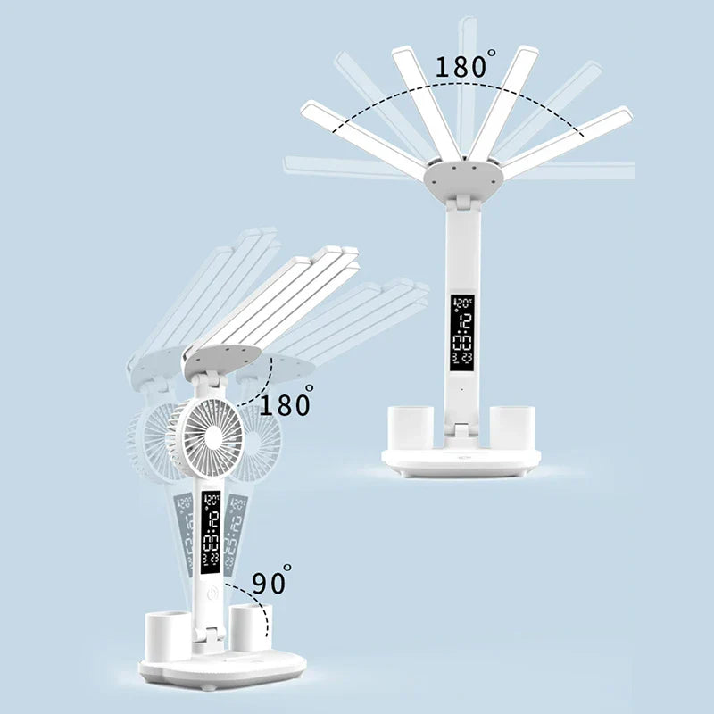 Battery-Powered Desk Lamp LED With Fan And Clock Display Study Light Back To School 2025 Travel-Friendly Flexible Brightness
