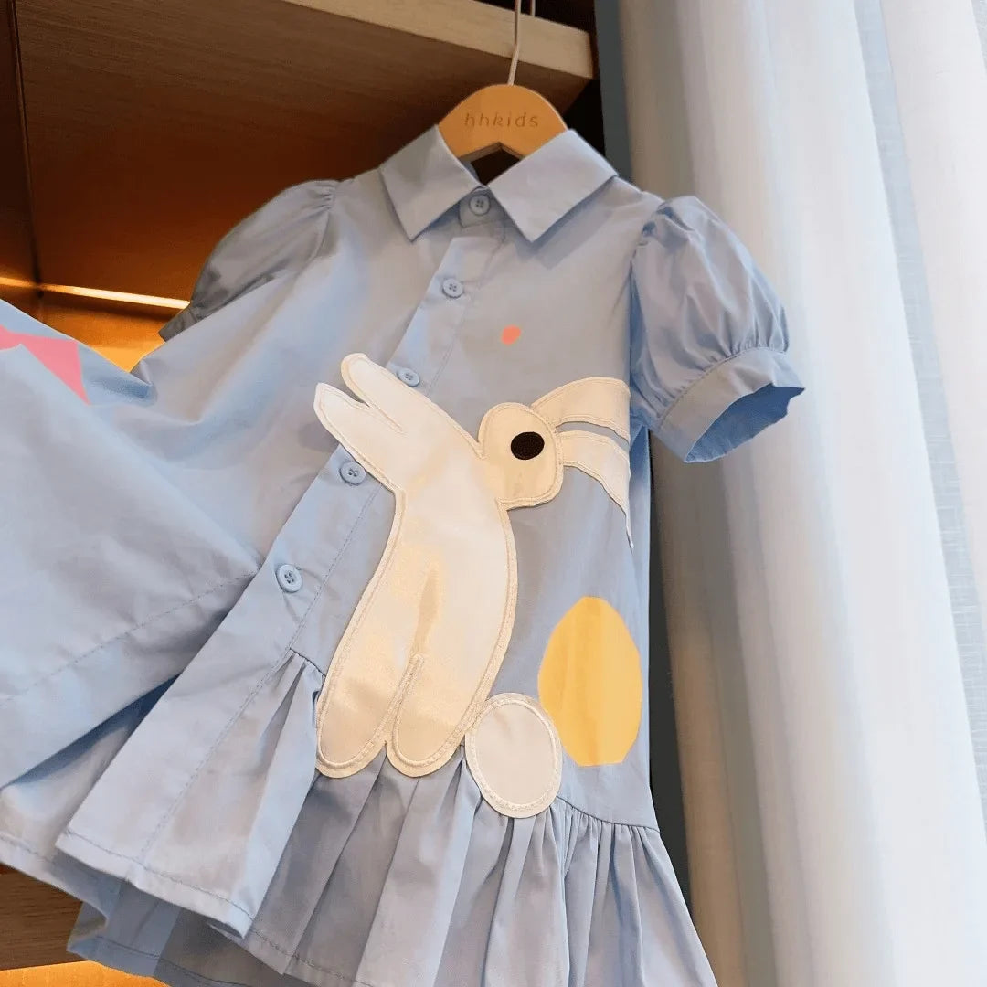 Timeless Rabbit-Applique Turn-Down Collar Puff Sleeves, Cotton, Casual Regular Wear – Plush Girls' Dress