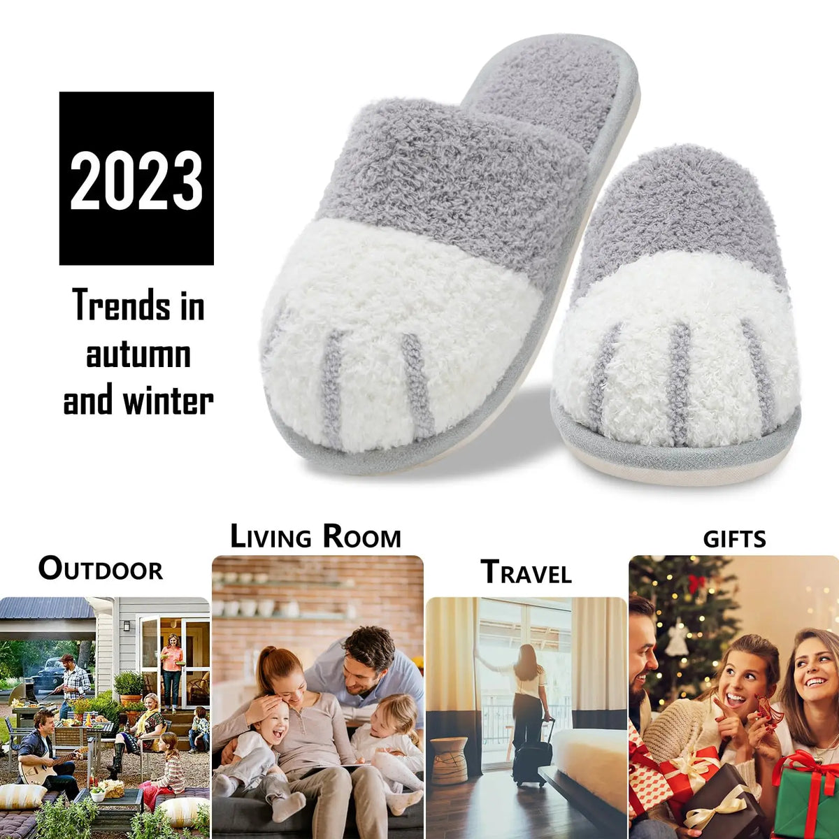 Plush, cozy women's slippers - cat paw design, memory foam insole, indoor winter lounging