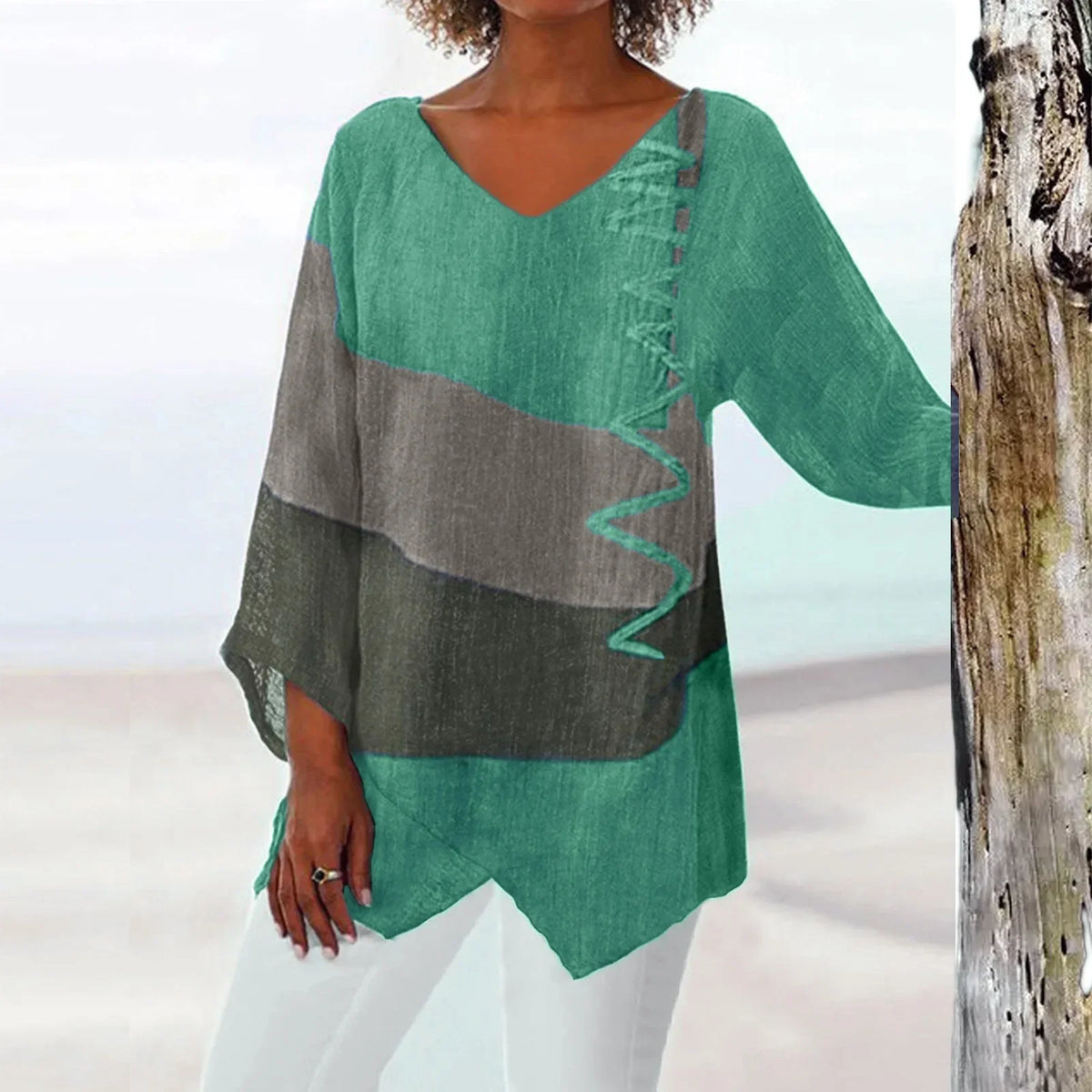 Shirt T Women New Fashion Casual V-Neck Long Sleeve Patchwork Top