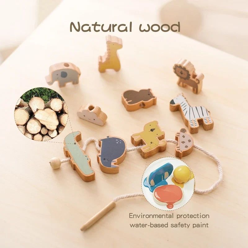 Wooden Stacking Toy Kit for Babies and Toddlers, Montessori Animal Threading Toy, Educational Fine Motor Skills Development