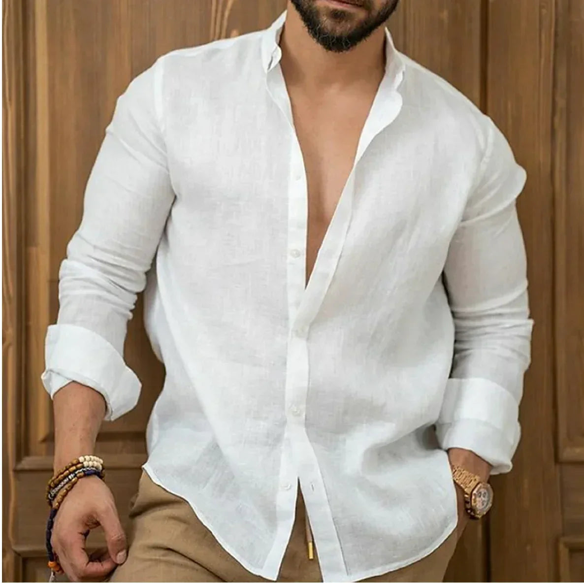 Variant image for Lightweight Linen Beach Shirt for Men, Breathable Summer Casual Wear, Relaxed Fit, Available in White, Light Blue, Beige-17