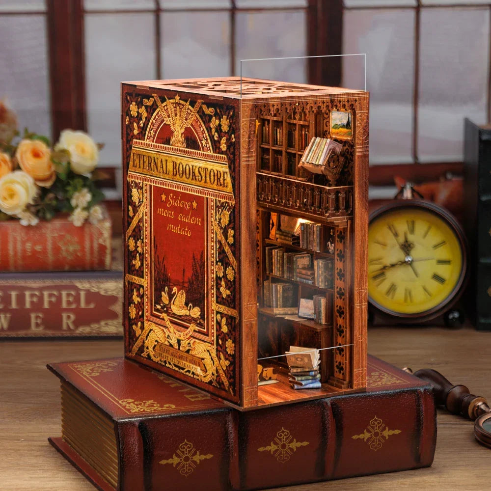 Book DIY Nook Kit Wooden Miniature Shelf Insert Roombox Dollhouse Model Holiday 2025 Cozy Library Gift