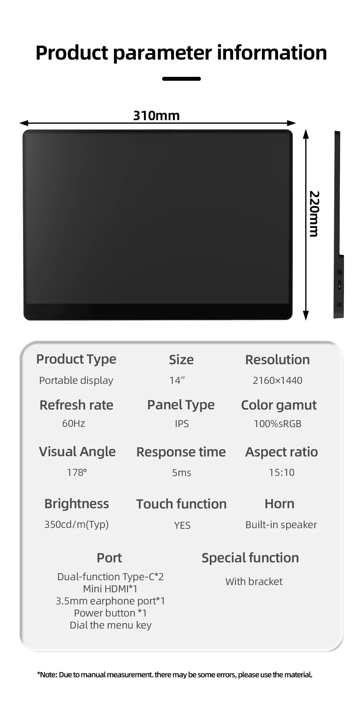 2K Travel-Friendly Monitor 14 Inch Touch HDR 60Hz Gaming Display