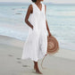 Loose Summer Casual Patchwork Cotton Linen Dress - V Neck Beach Style Midi for Women