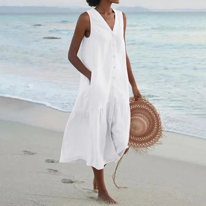 Loose Summer Casual Patchwork Cotton Linen Dress - V Neck Beach Style Midi for Women