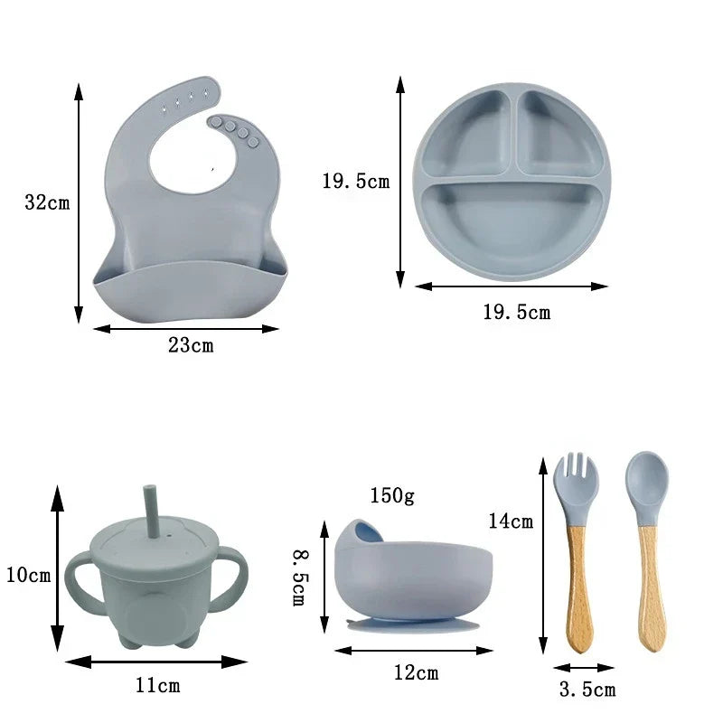 Baby Silicone Tableware Kit 8 Piece Suction Bowls Divided Plate Bib Spoon Fork Fall 2025 Self Feeding Aid