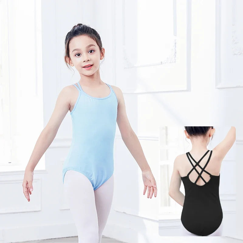 Girls Breathable Leotards - double camisole, cross-back, cotton-spandex blend, for ballet class