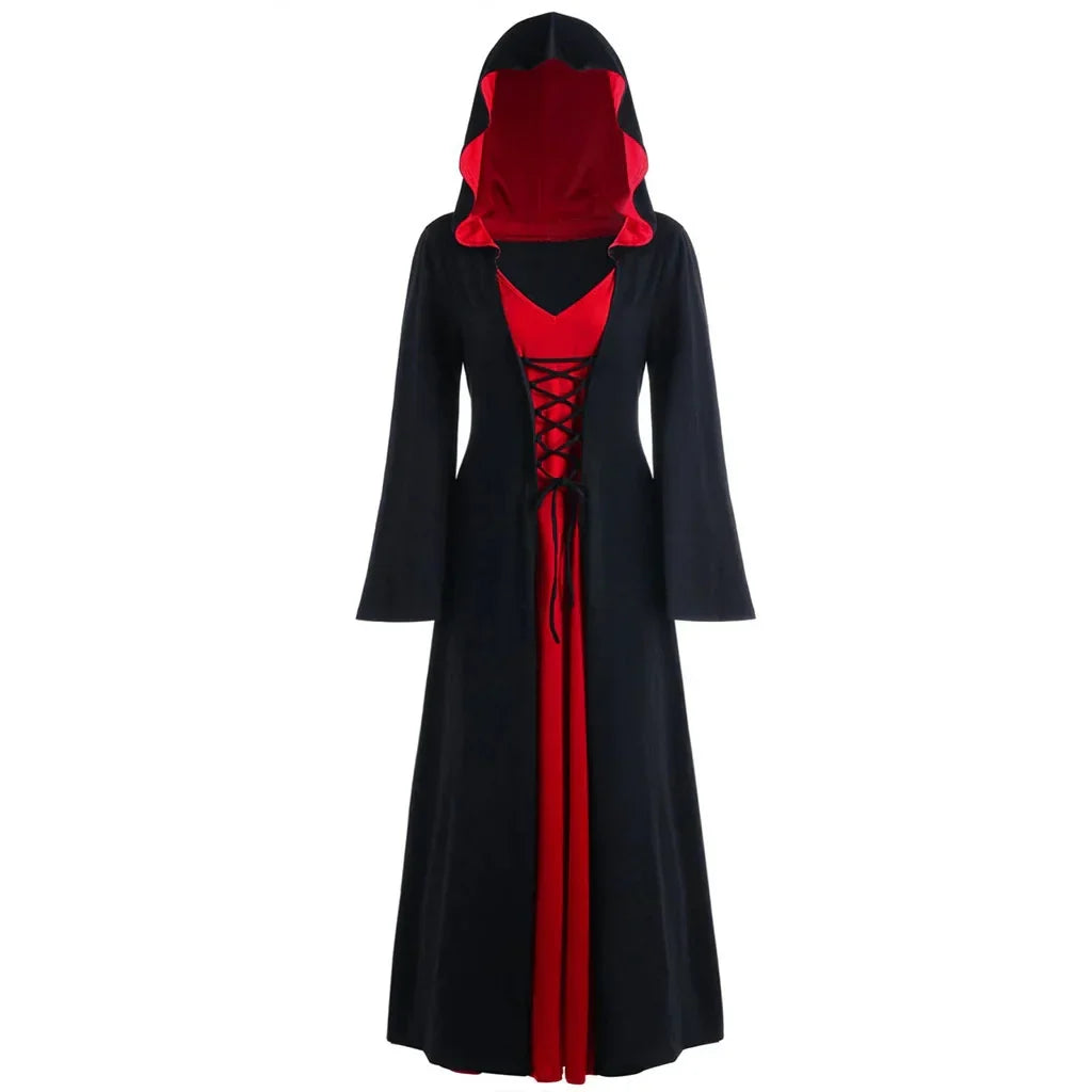 Women's Lace-Up Hooded Medieval Vampire Witch Cloak Robe - Great Halloween Costume for Themed Events