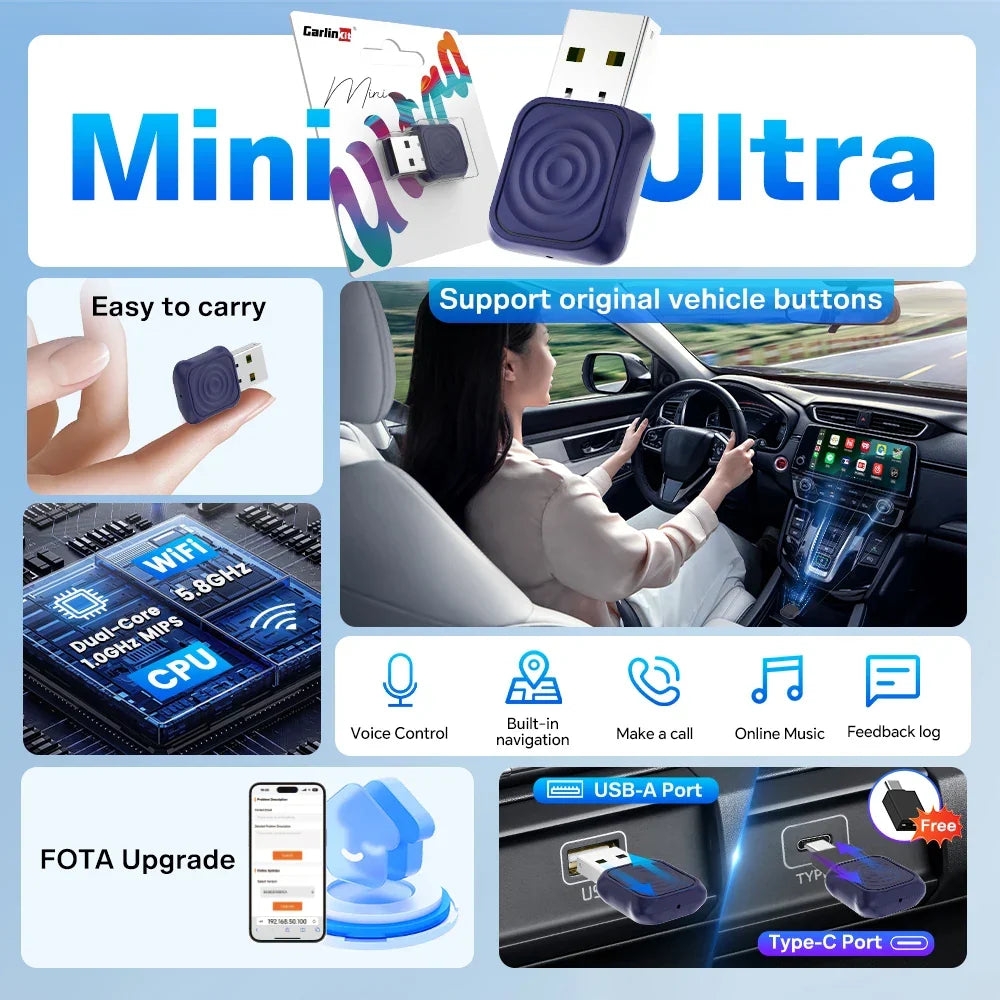 Cordless CarPlay Android Auto Adapter Mini 2-In-1 Plug And Play 5.8GHz WiFi Auto Connect OTA Upgrade Fall 2025 Gift