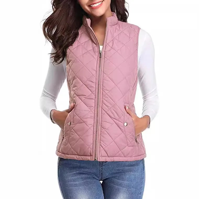 Light Women Quilted Vest - Stand Collar Cotton Winter