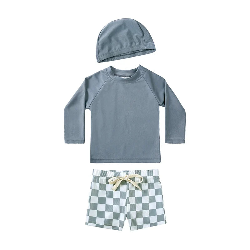 Long-Sleeve Top, Swim Pants, Hat, Polyester Elastane, Beach Vacation – Breathable Kids Rash Guard Swim Kit