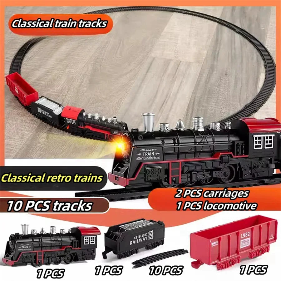 Retro Steam Motor-Driven Train Kit with Lights - Christmas Railway Toy for Kids, Great Holiday Gift