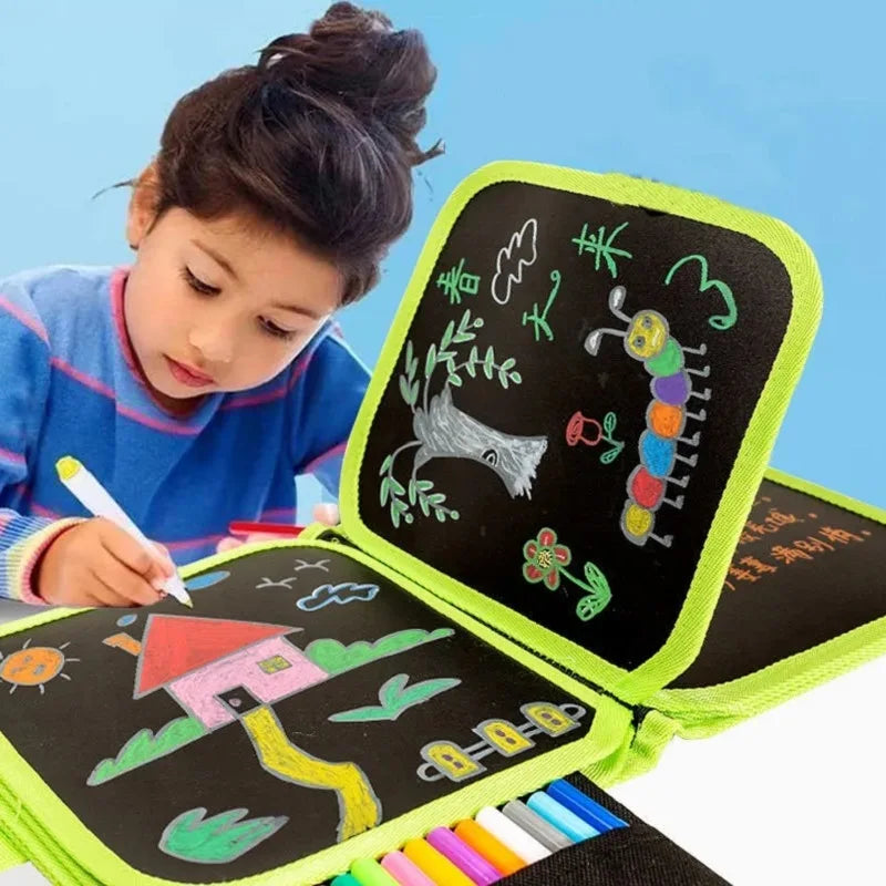 Magic 6-Sided Drawing Board for Kids - Educational Erase Board with 3 Chalk Pens, Transparent & Black Sides, Fun Coloring Activity