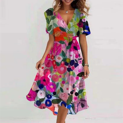Deep Sexy V-neck Print Women's Summer Dresses - Elegant Swing Party Office Wear