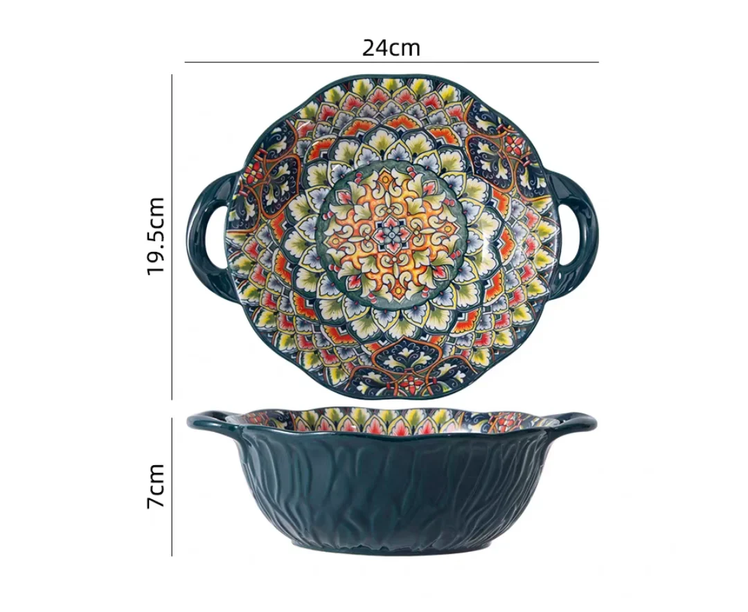 Soup Ceramic Bowl Bohemian Handle Embossed Microwave