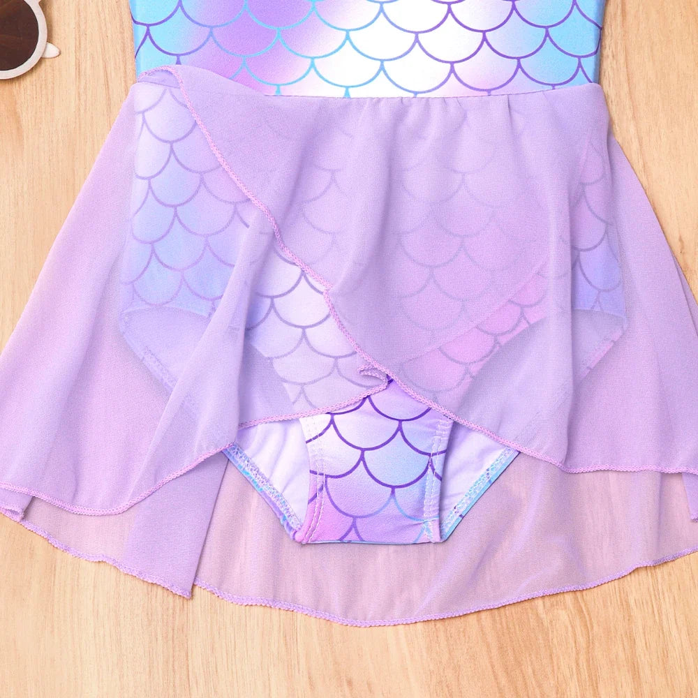 Mermaid-Scale Print, Ruffle Sleeves, Tulle, Polyester Elastane, Beach – Fast-Dry Sturdy Girls' One-Piece Swimsuit