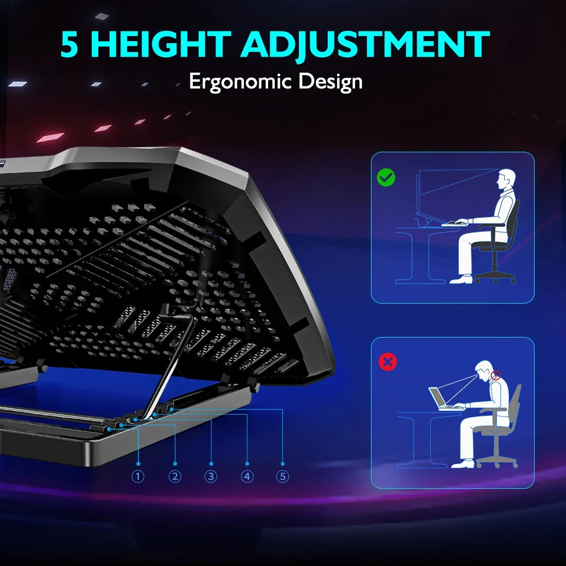 Laptop Cooling Pad with 5 Quiet Fans, Flexible Height & Phone Holder - Compatible with 12-15.6 Inch Laptops