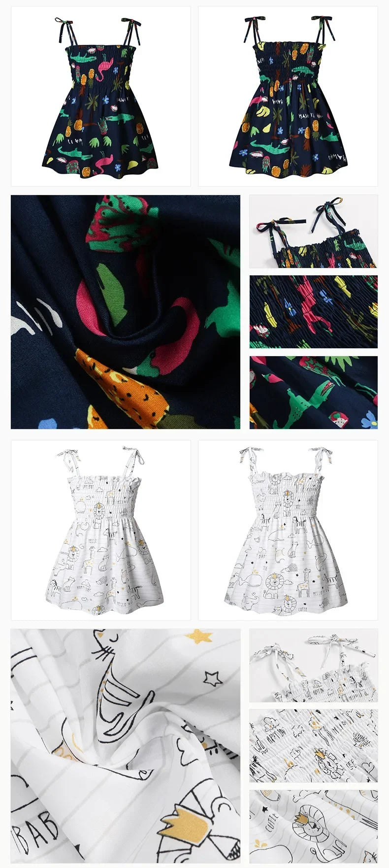 Plush girls' sundress - smocked bodice, daisy print, polyester, for casual summer outings