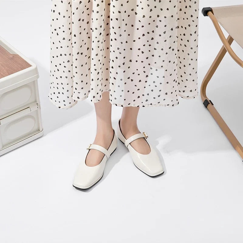 Women Supportive Mary Jane Flats - Square Toe, Leather