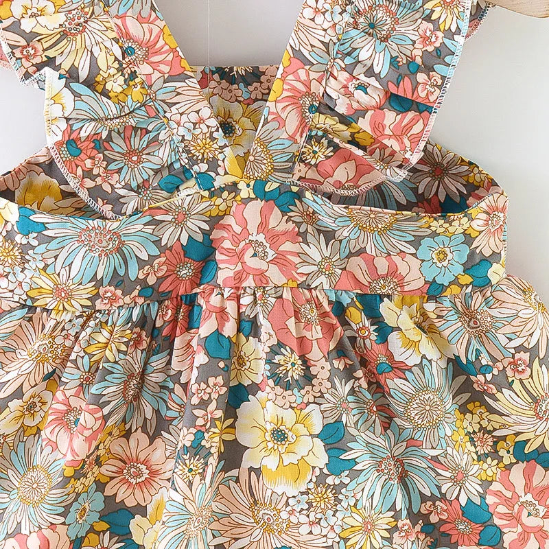 Plush Baby Girl Dress - Timeless Floral Flutter Sleeves, Polyester, With Crossbody Bag, For Ages 0-3