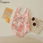 Plush Toddler Girls' One-Piece Swimsuit - Floral Print Bow-Tie Detail, Polyester, For Summer