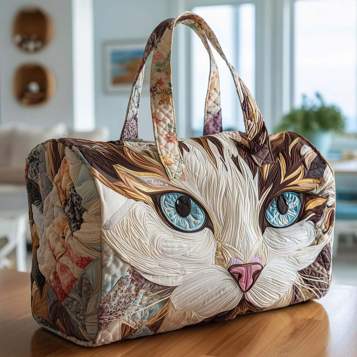 Plush Unisex Travel Tote - Quilted, Cat-Embroidered Fabric, For Beach, Hiking, Camping