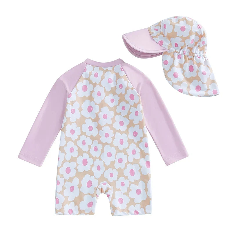 Light Sturdy Toddler Girl Rash Guard Swimsuit - Long Sleeve Floral Flamingo Print, Polyester Elastane, Beachwear
