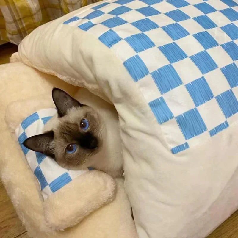 Bed Cat Plush Cave Sleeping Bag Pet Nest Winter 2025 Detachable Pillow Cozy Deep Sleep House