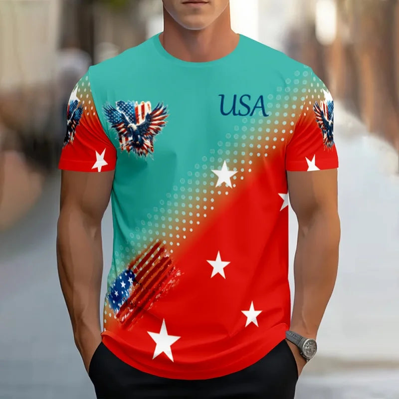 Plush men's tee - relaxed fit, 3D print patriotic eagle and flag graphic, casual wear